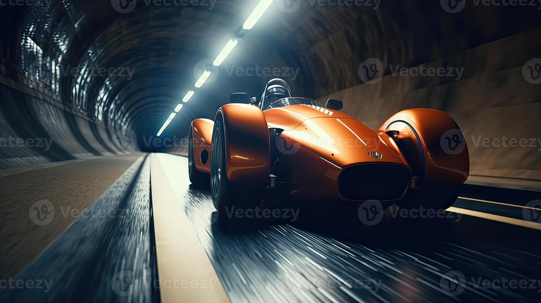 Futuristic Sports Car On Highway. Powerful acceleration of a supercar on a night track with lights and trails. 3d illustration. . photo