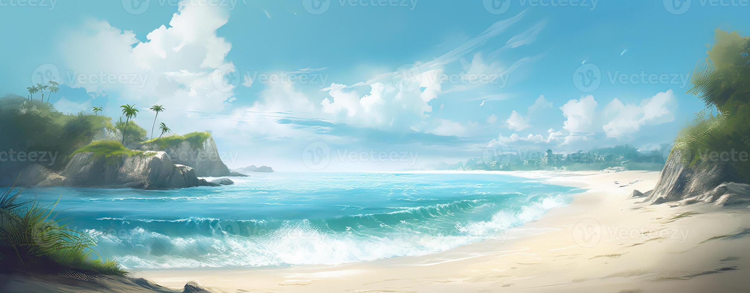 Sky and sun at sea background, ocean and beach island scenery empty cartoon. Ocean or sea water with waves and clouds in sky summer blue seascape with cloudy sky and seaside. photo