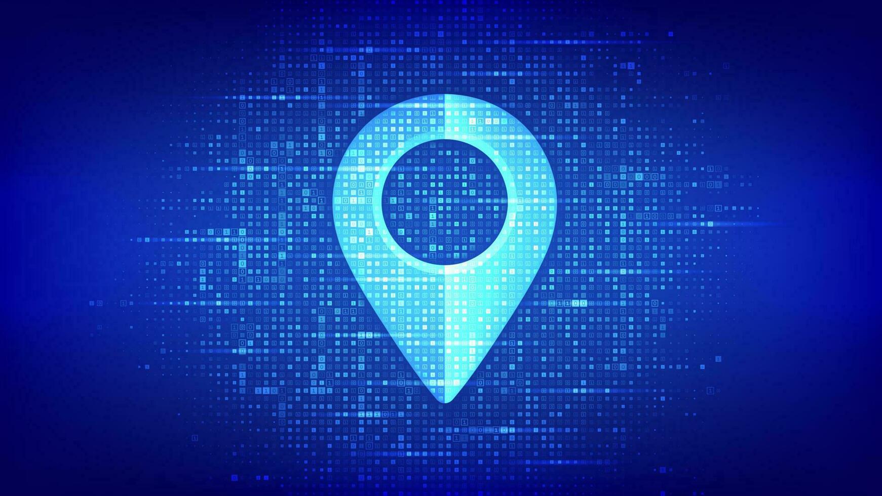 Point of location sign made with binary code. Pointer of map. Matrix background with digits 1.0. Gps pointer graphic element. Navigation pin point global position system symbol. Vector illustration.