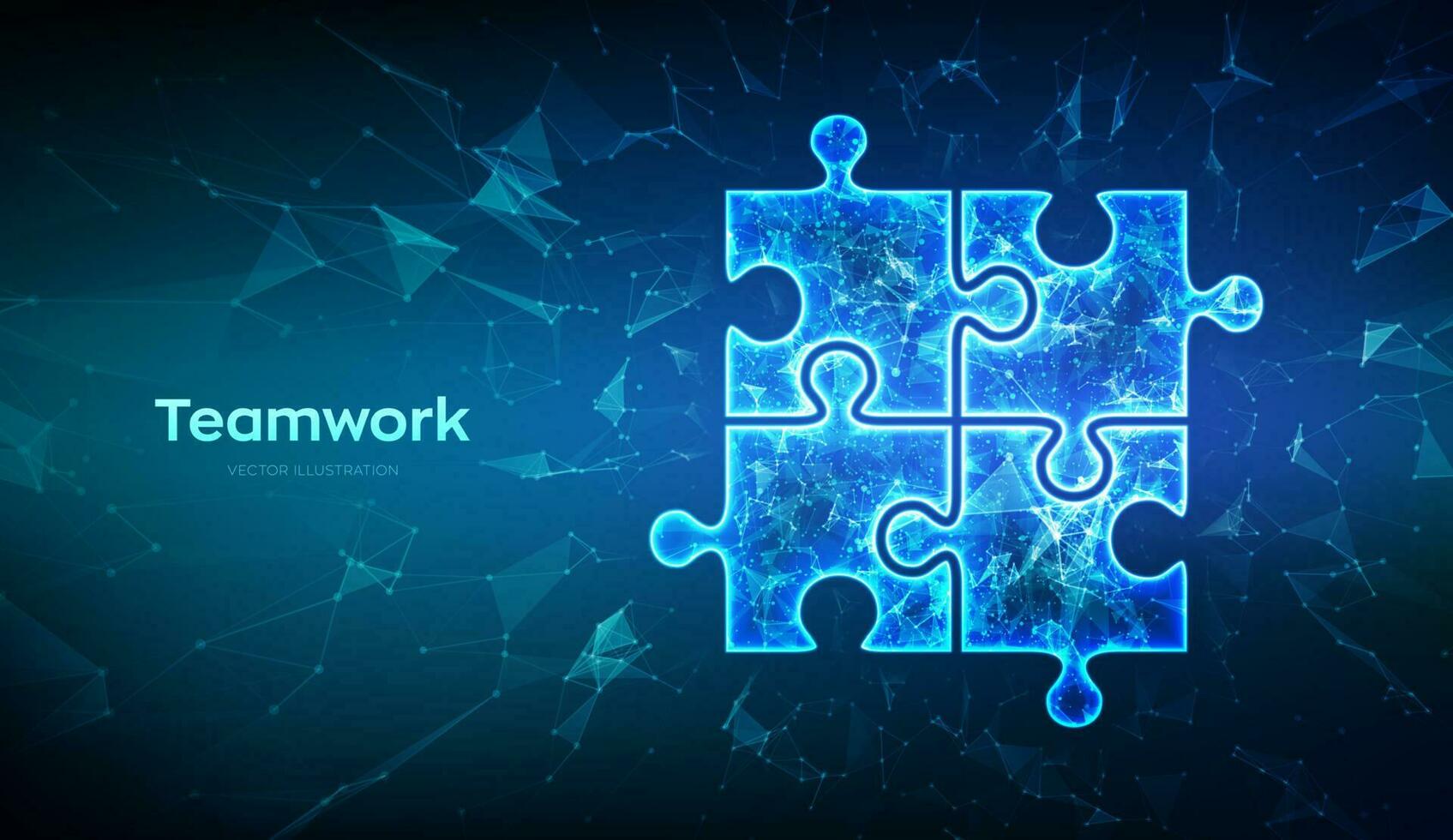 Teamwork. Puzzle elements. Team metaphor. Symbol of teamwork, cooperation, partnership, association and connection. Low polygonal puzzle pieces. Business concept of of connecting. Vector Illustration.