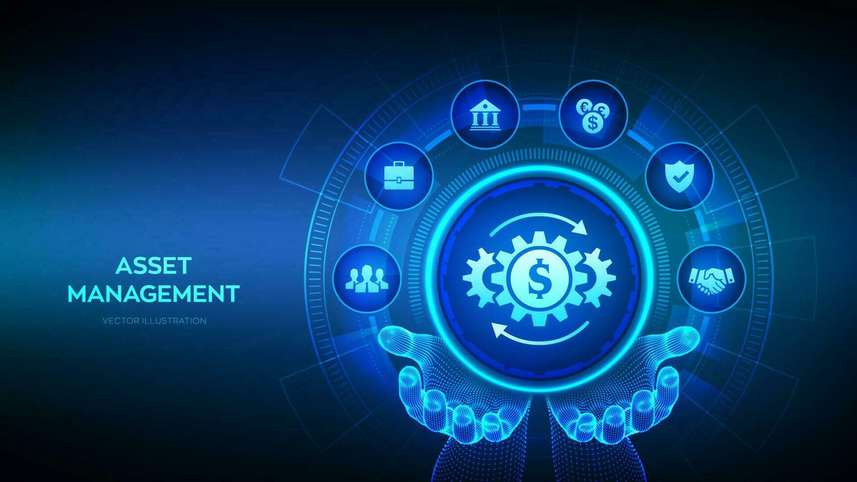 Asset management icon in wireframe hands. Business investment banking payment technology concept on virutal screen. Vector illustration.