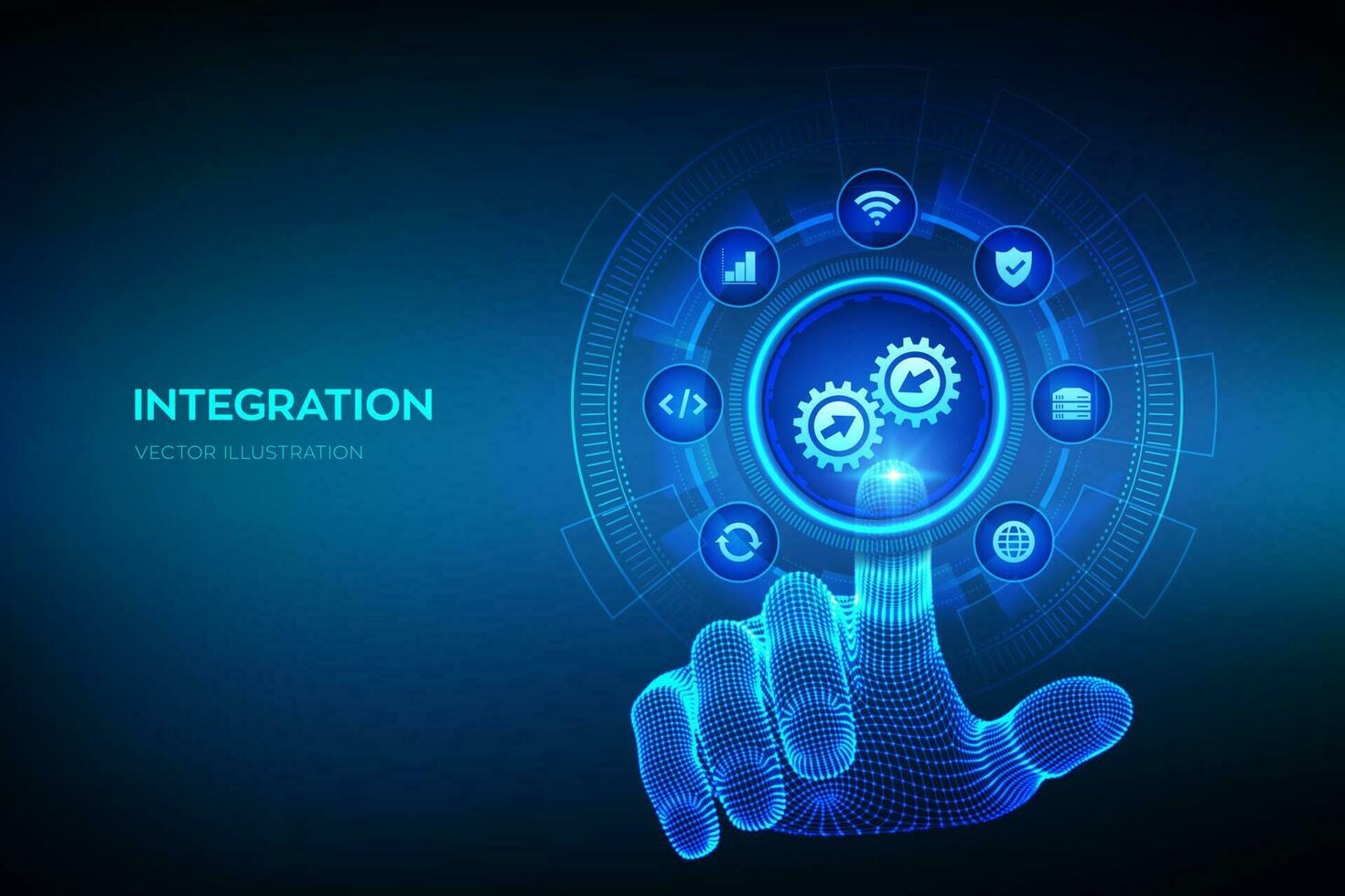 integración datos sistema. sistema integración concepto en virtual pantalla. industrial inteligente tecnología. negocio automatización soluciones estructura metálica mano conmovedor digital interfaz. vector ilustración.