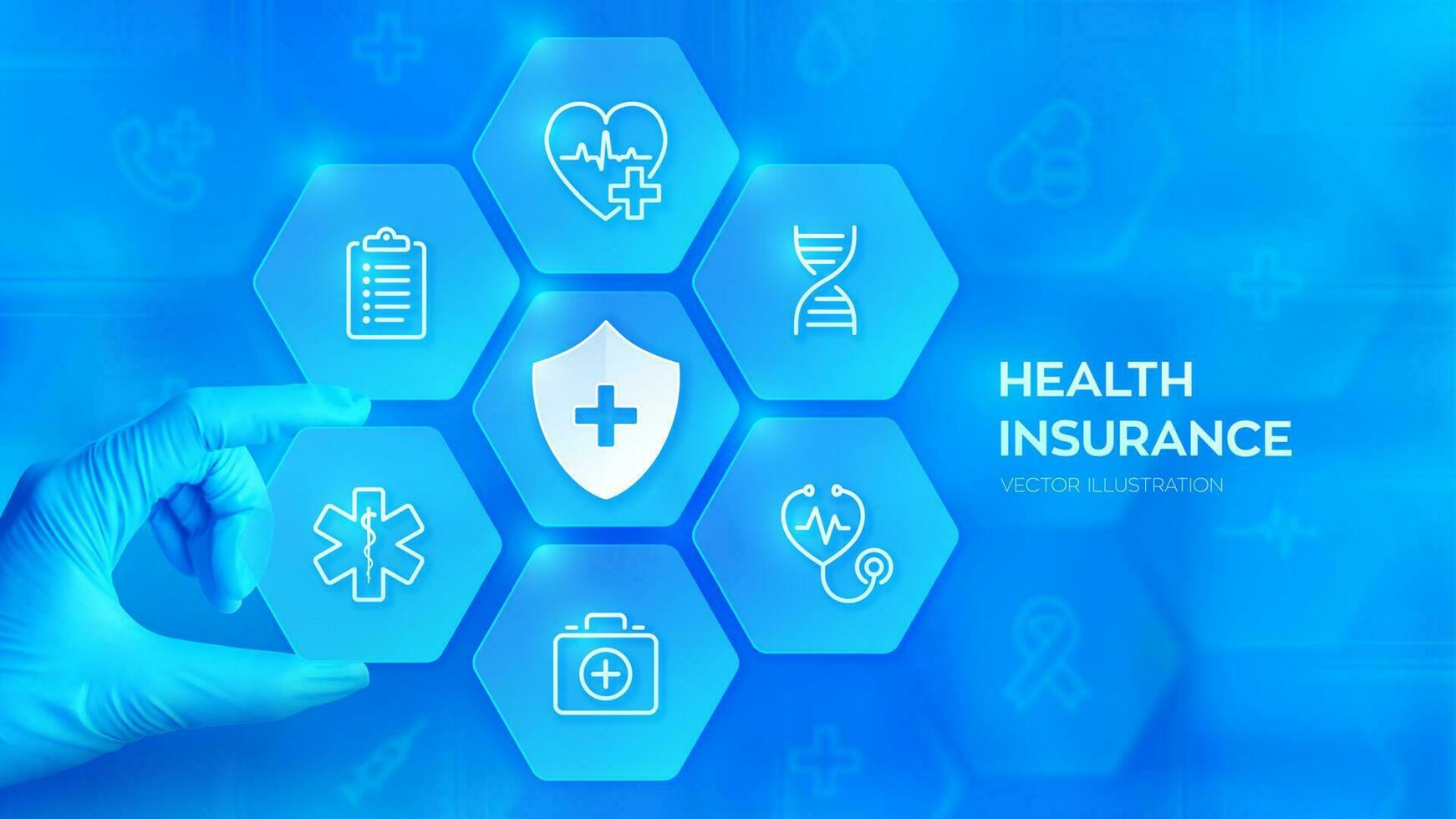 Health insurance. Healthcare. Medical services. Hand in blue glove places an element into a composition with medical icons visualizing medical insurance. Virus protection. Vector illustration.