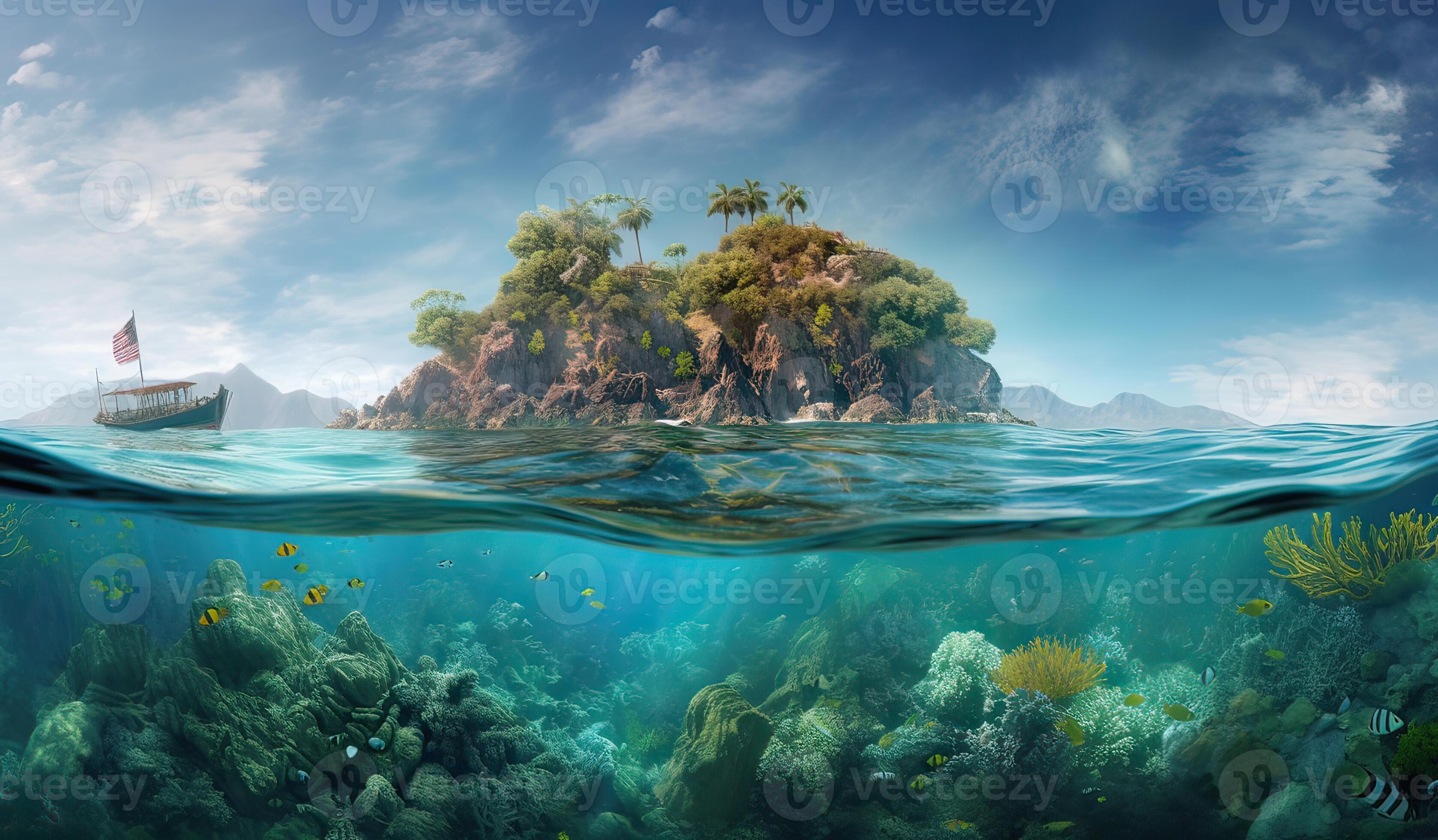 Tropical Island And Coral Reef Split View With Waterline. Beautiful