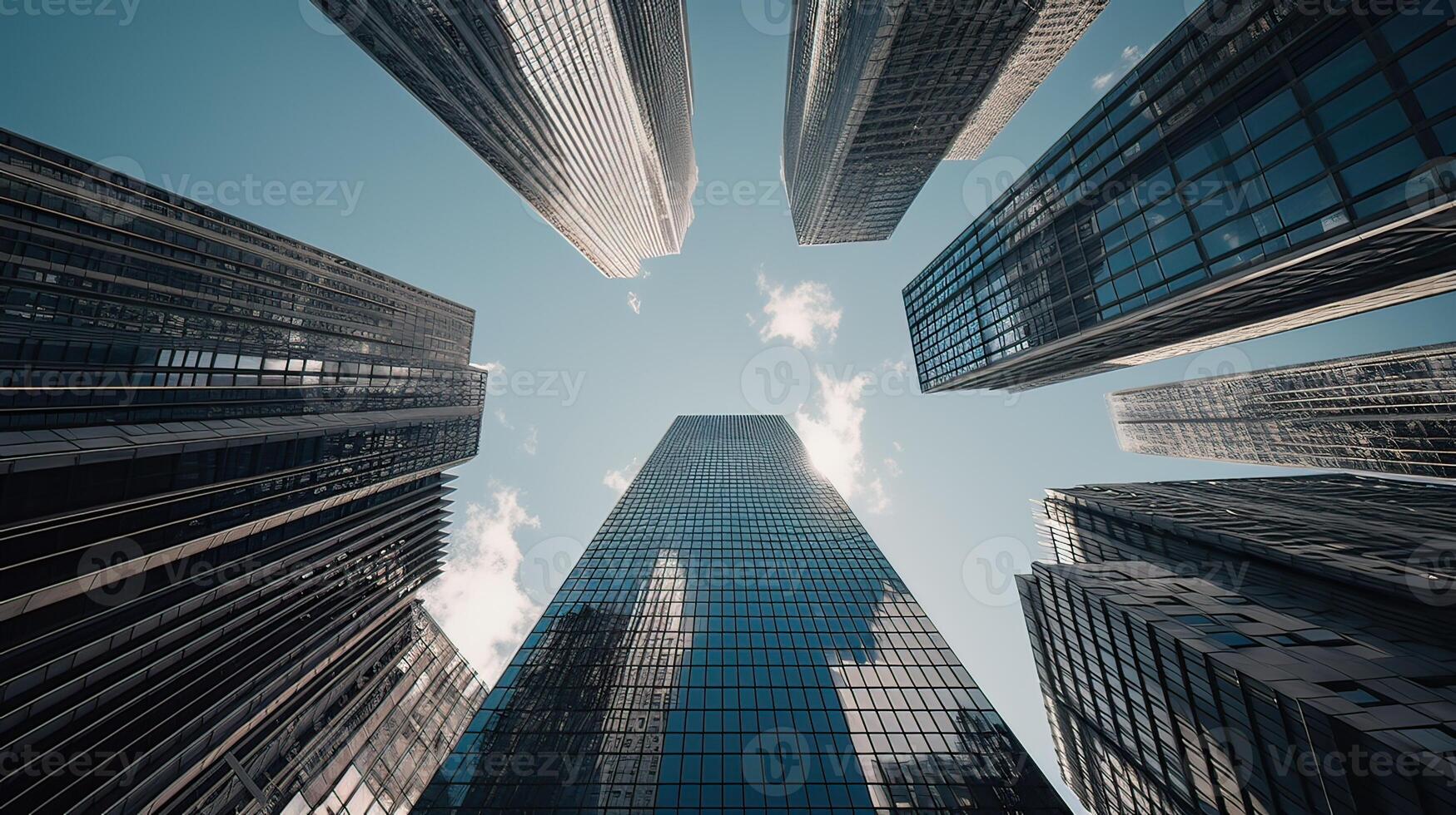 Bottom view of modern skyscrapers in business district. . photo