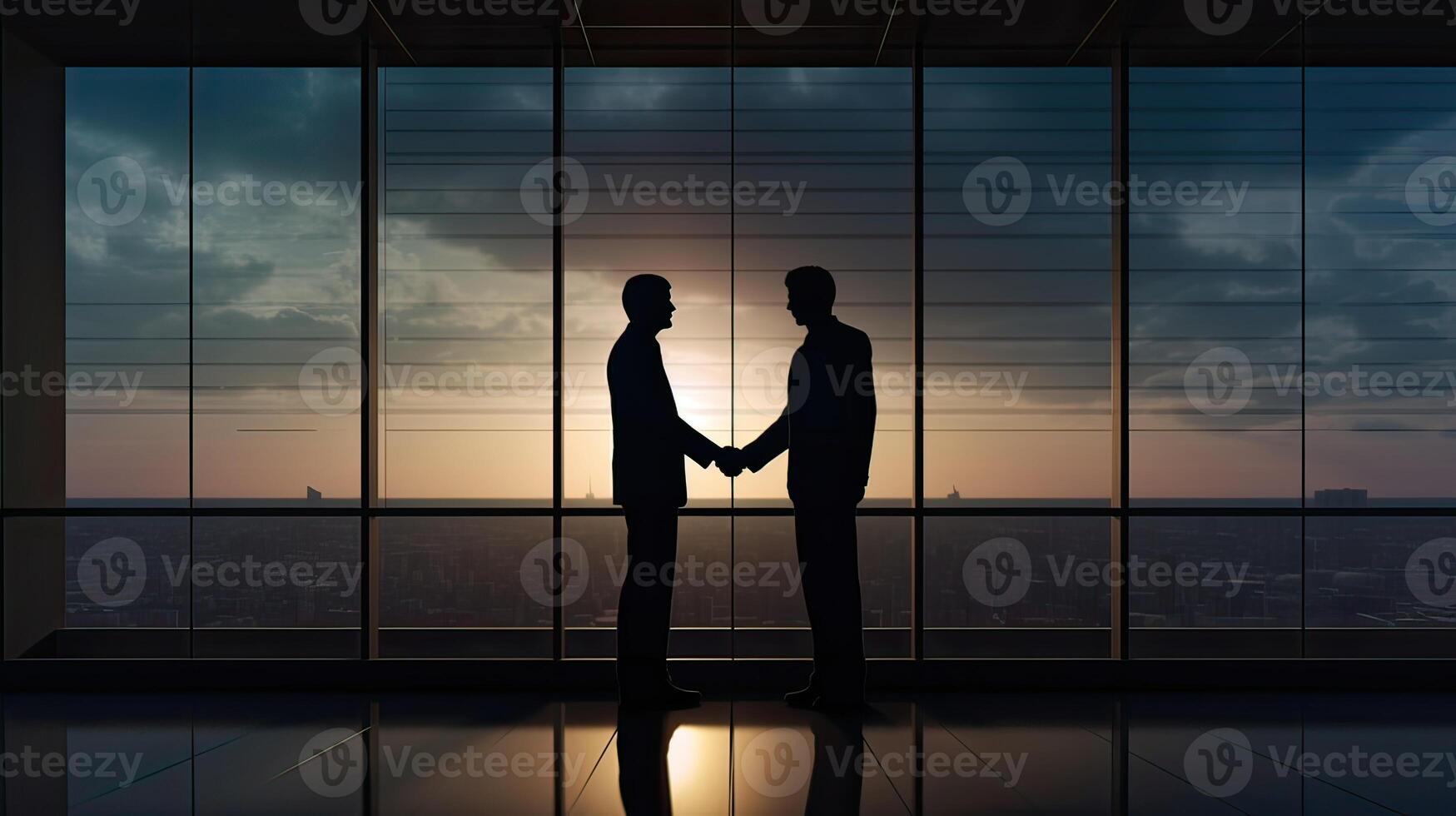 silhouettes two businessmen handshake in cooperation agreement concept at office and successful business partner. business man shaking hands to seal a deal with his partner. . photo