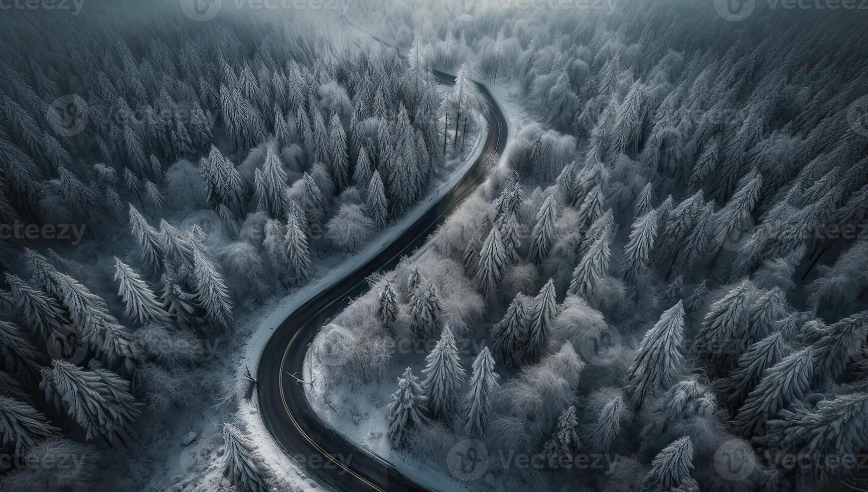 Aerial view on the road and forest at the winter time. Natural winter landscape from air. Forest under snow a the winter time. . photo