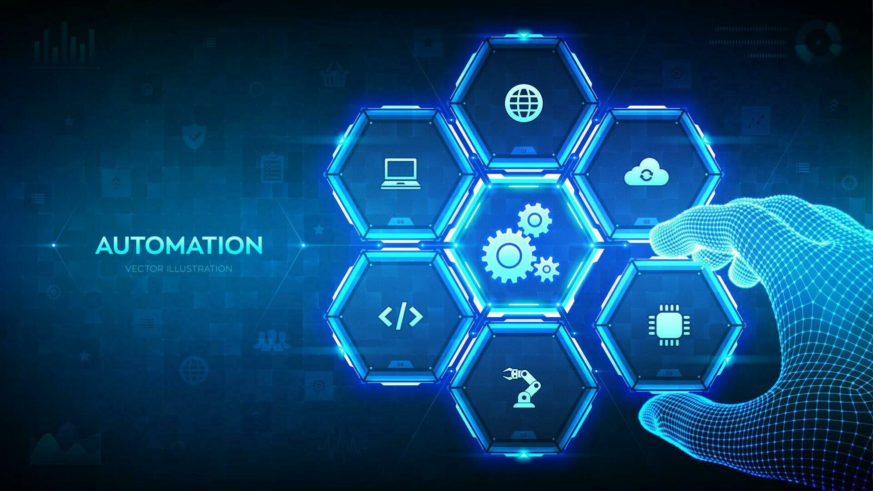 Automation Software. IOT and Automation concept as an innovation, improving productivity in technology. Wireframe hand places an element into a composition visualizing Automation processes. Vector. vector