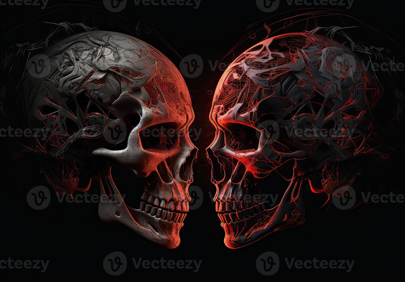 Two skulls terminator look at each other black background. . photo
