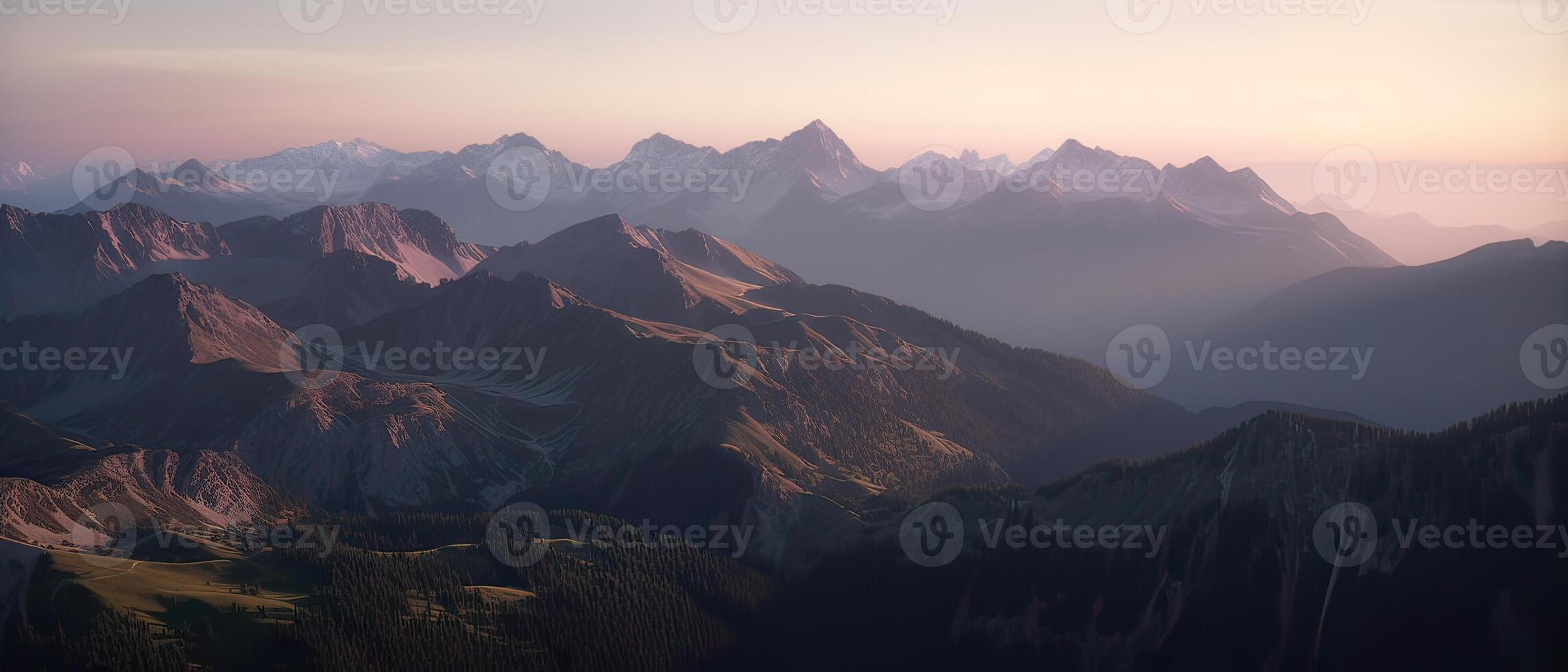 Aerial View from Airplane of Snow Covered Mountain Landscape in Winter. Colorful Pink Sky Art Render. . photo