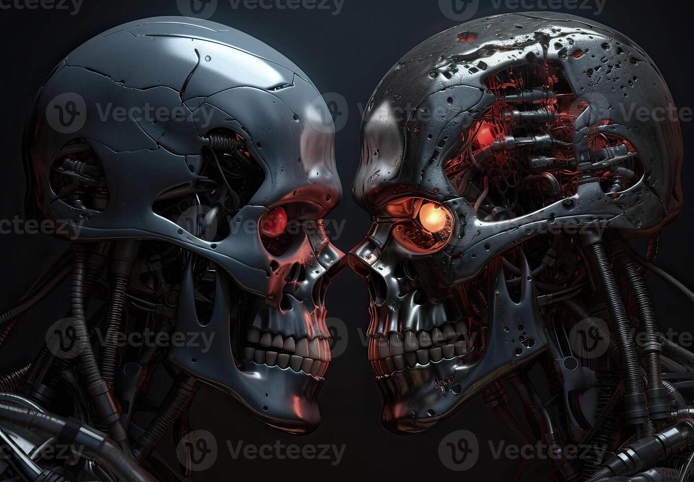 Two skulls terminator look at each other black background. . photo