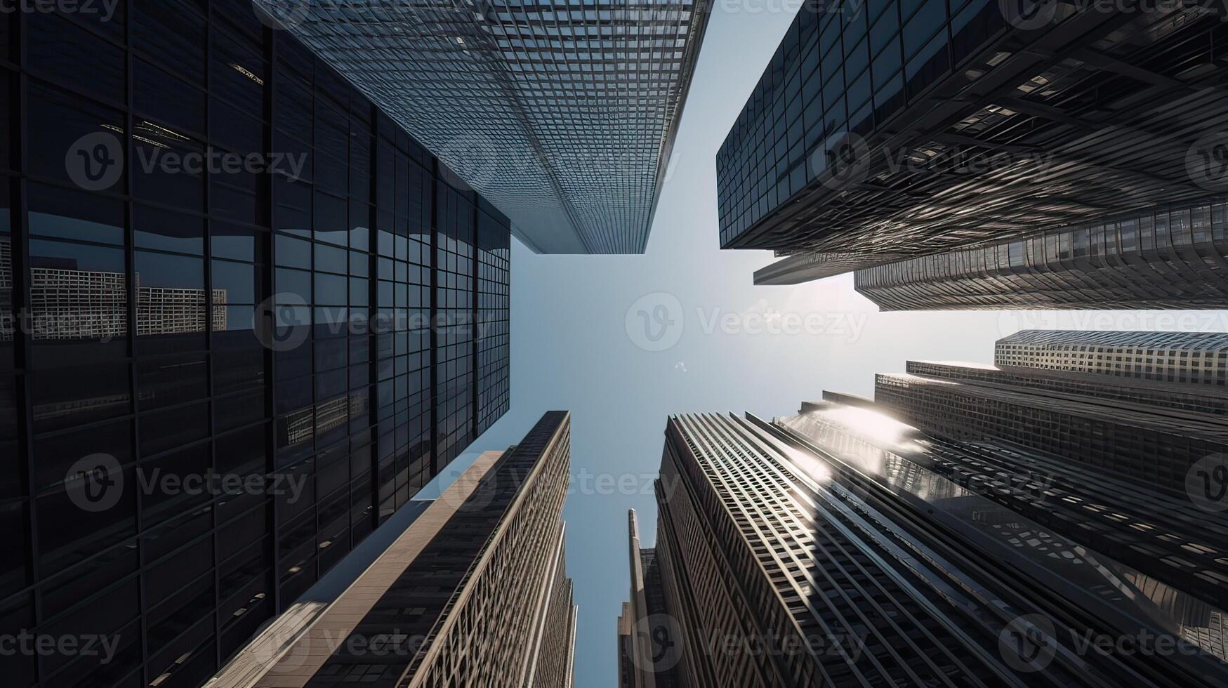 Bottom view of modern skyscrapers in business district. . photo