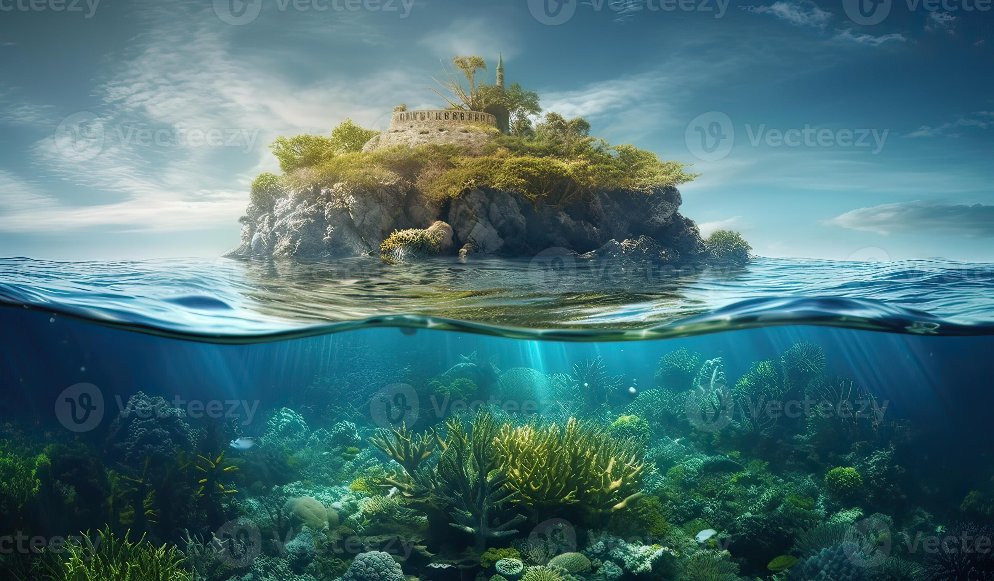 Tropical Island And Coral Reef Split View With Waterline. Beautiful