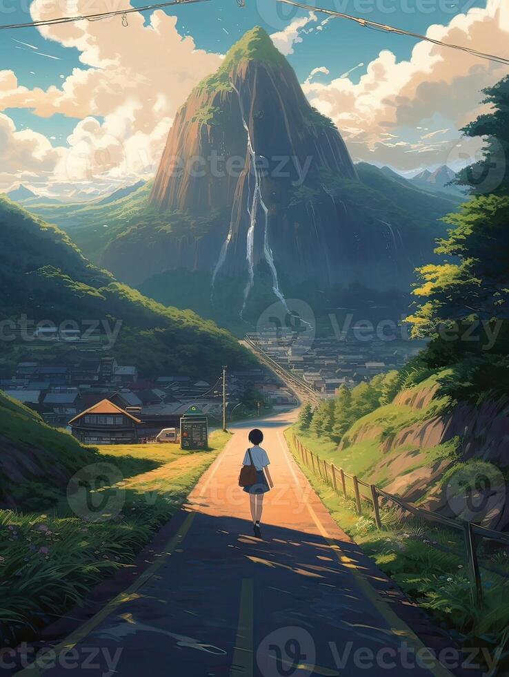 illustration of Young woman, female model walking away on an empty road. walking towards the mountains. . photo