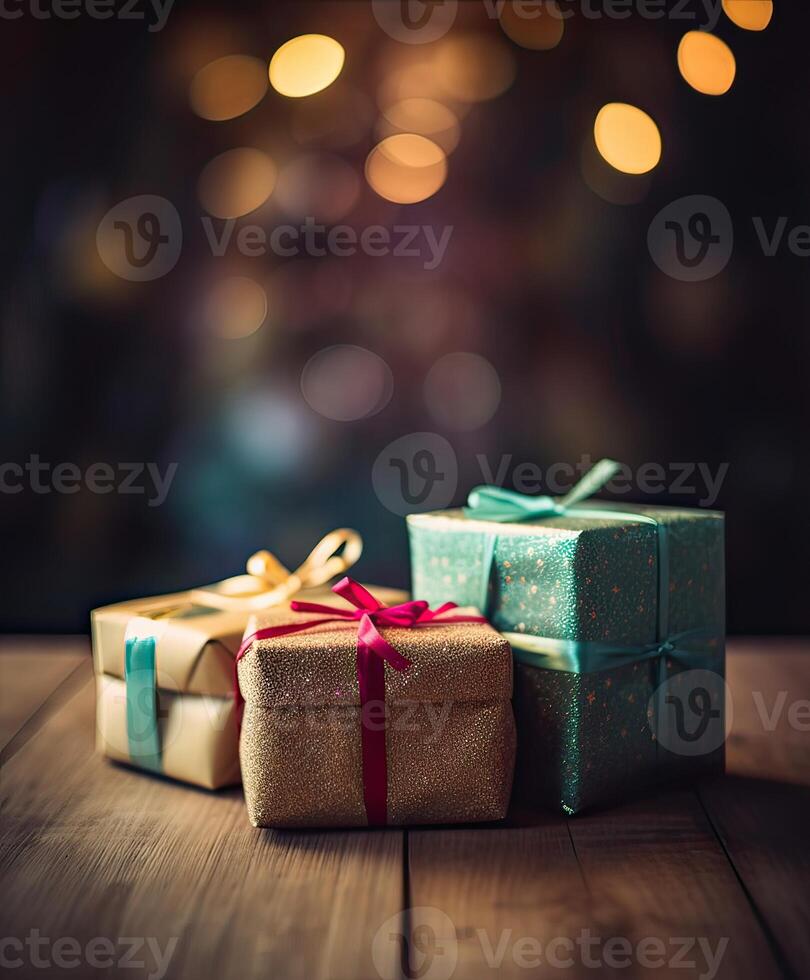 Christmas presents wrapped in red paper with gold ribbon on wooden table background and bokeh. Place for typography and logo. Copy space. . photo