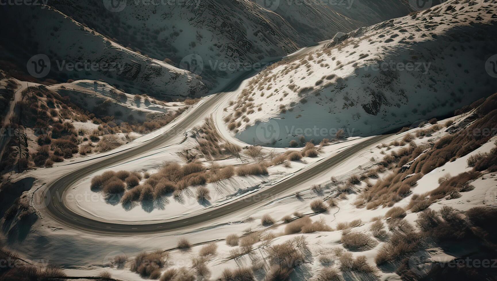 Aerial view on the road and forest at the winter time. Natural winter landscape from air. Forest under snow a the winter time. . photo