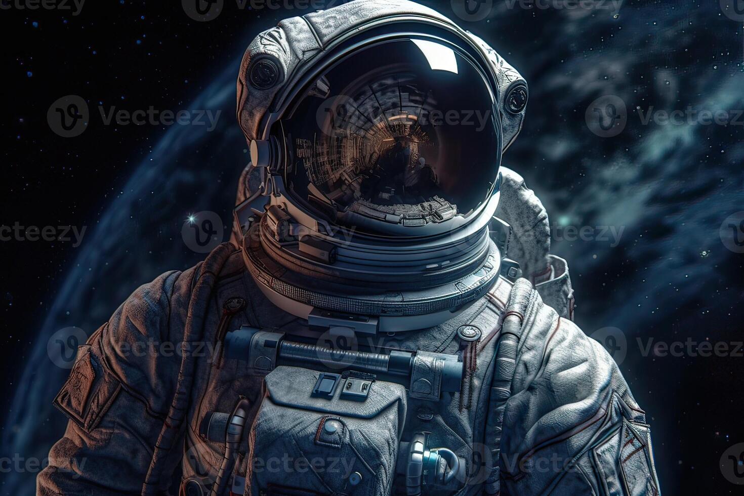 Astronaut on a rock surface with a space background. an astronaut standing on the lone planet with him looking forward. photo