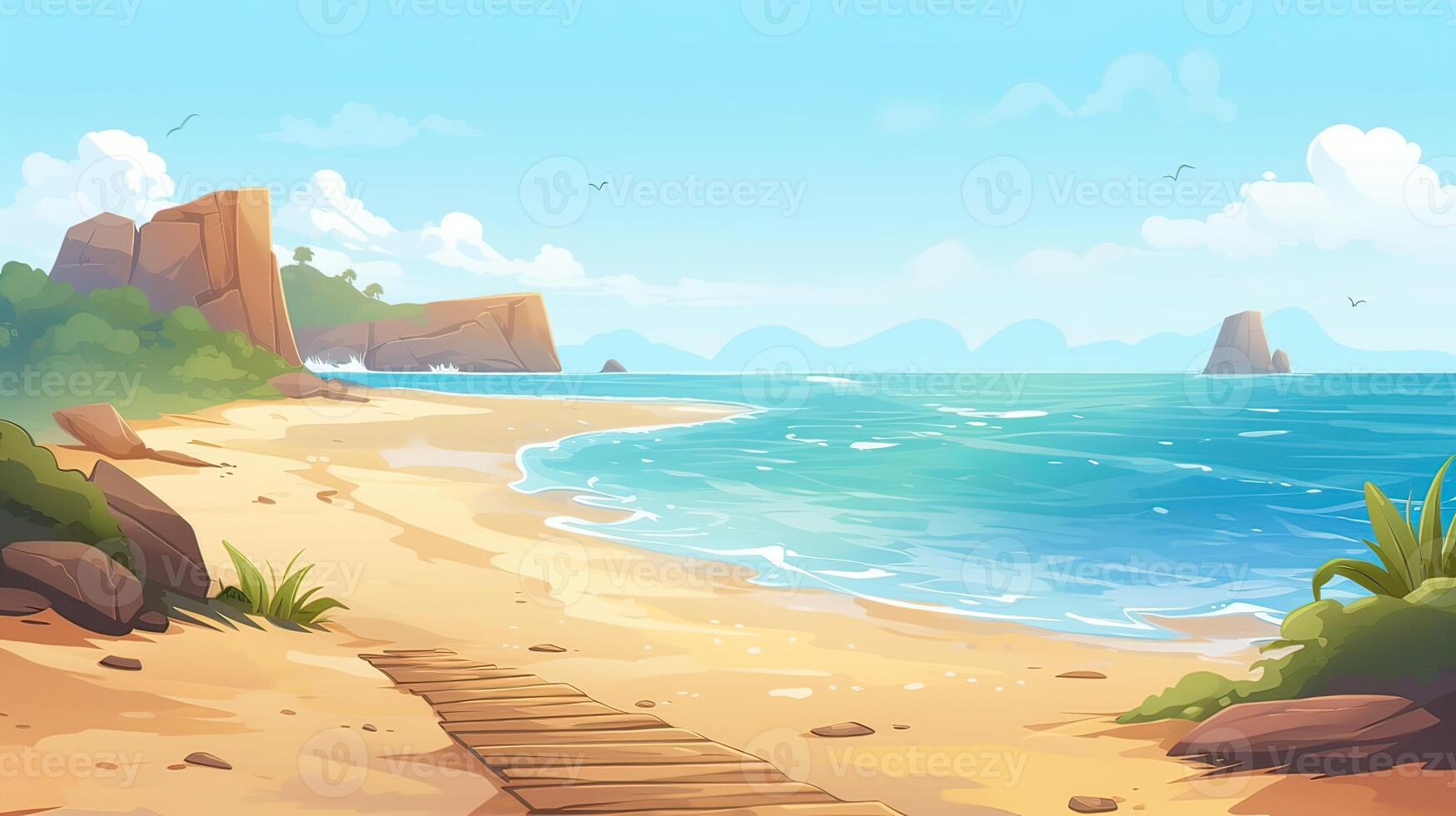 cielo y Dom a mar fondo, Oceano y playa vector isla paisaje vacío dibujos animados. Oceano o mar agua con olas y nubes en cielo verano azul marina con nublado cielo y playa. generativo ai foto