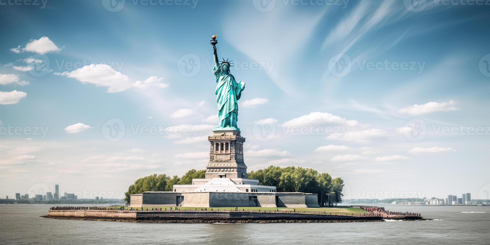 The Statue of Liberty free of tourists and New York City Downtown. . photo