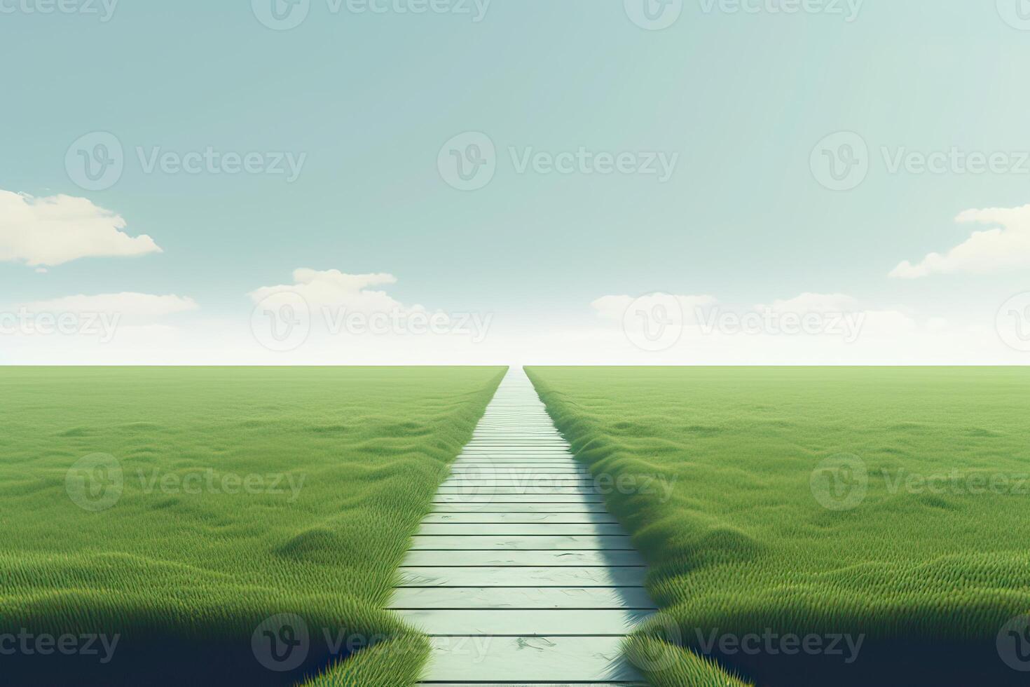 The landscape of grass fields and blue sky road leading off into the distance. . photo