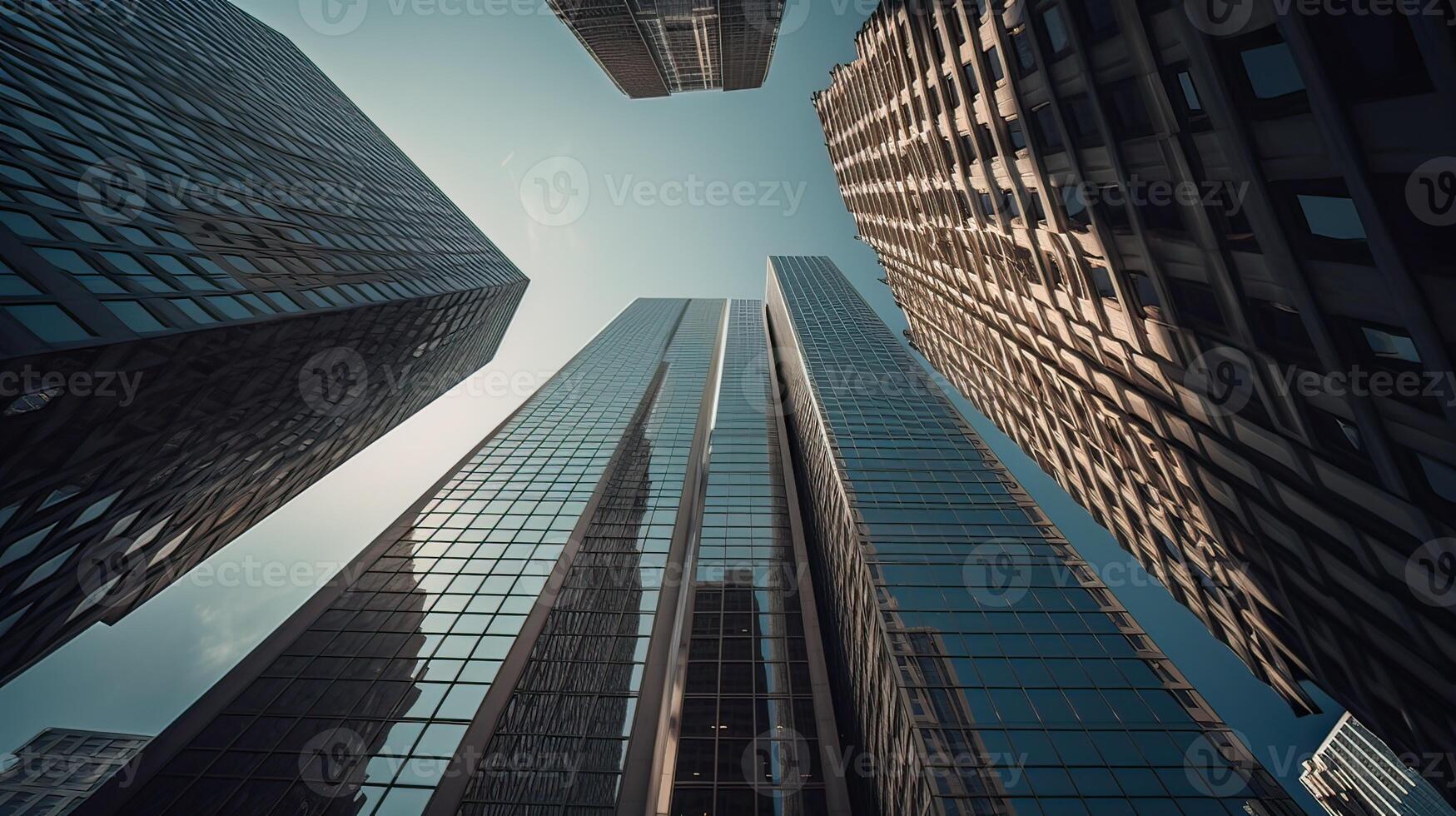 Bottom view of modern skyscrapers in business district. . photo