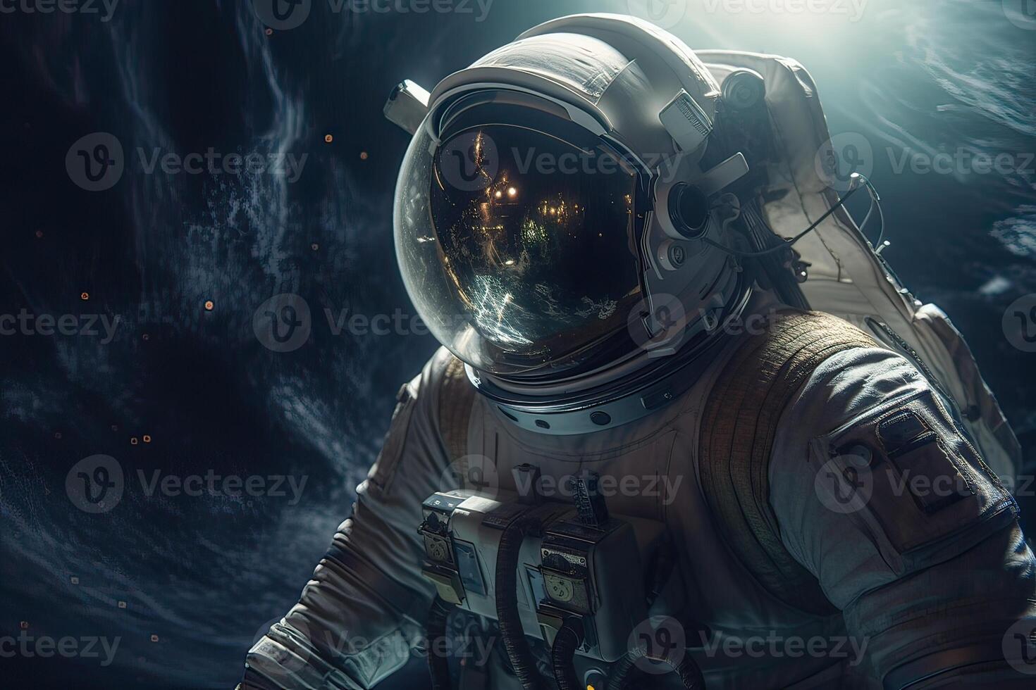 Astronaut on a rock surface with a space background. an astronaut standing on the lone planet with him looking forward. photo