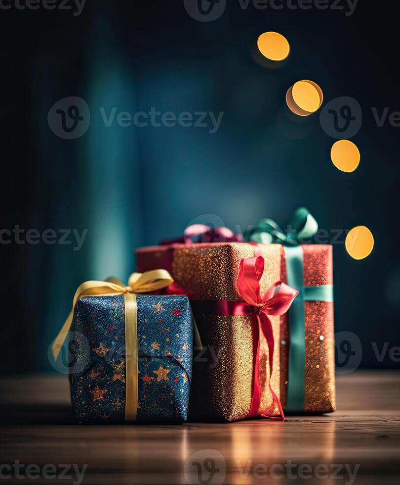 Christmas presents wrapped in red paper with gold ribbon on wooden table background and bokeh. Place for typography and logo. Copy space. . photo