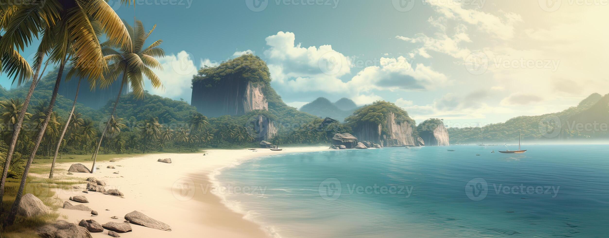 Sky and sun at sea background, ocean and beach island scenery empty cartoon. Ocean or sea water with waves and clouds in sky summer blue seascape with cloudy sky and seaside. photo