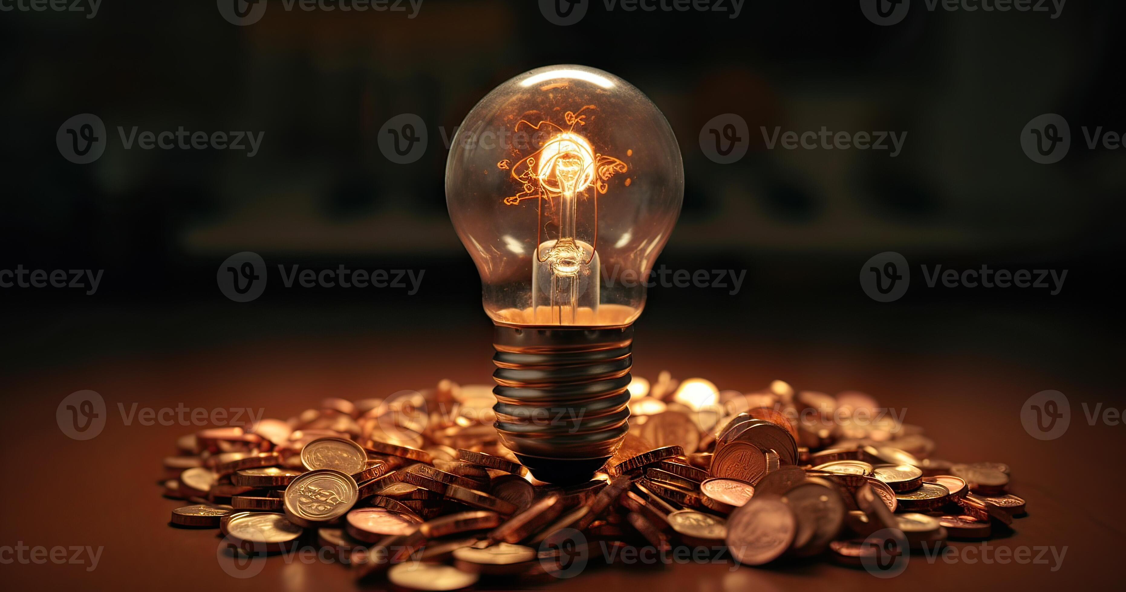 Light bulb on, with banknotes, coins and energy bill. Increase in