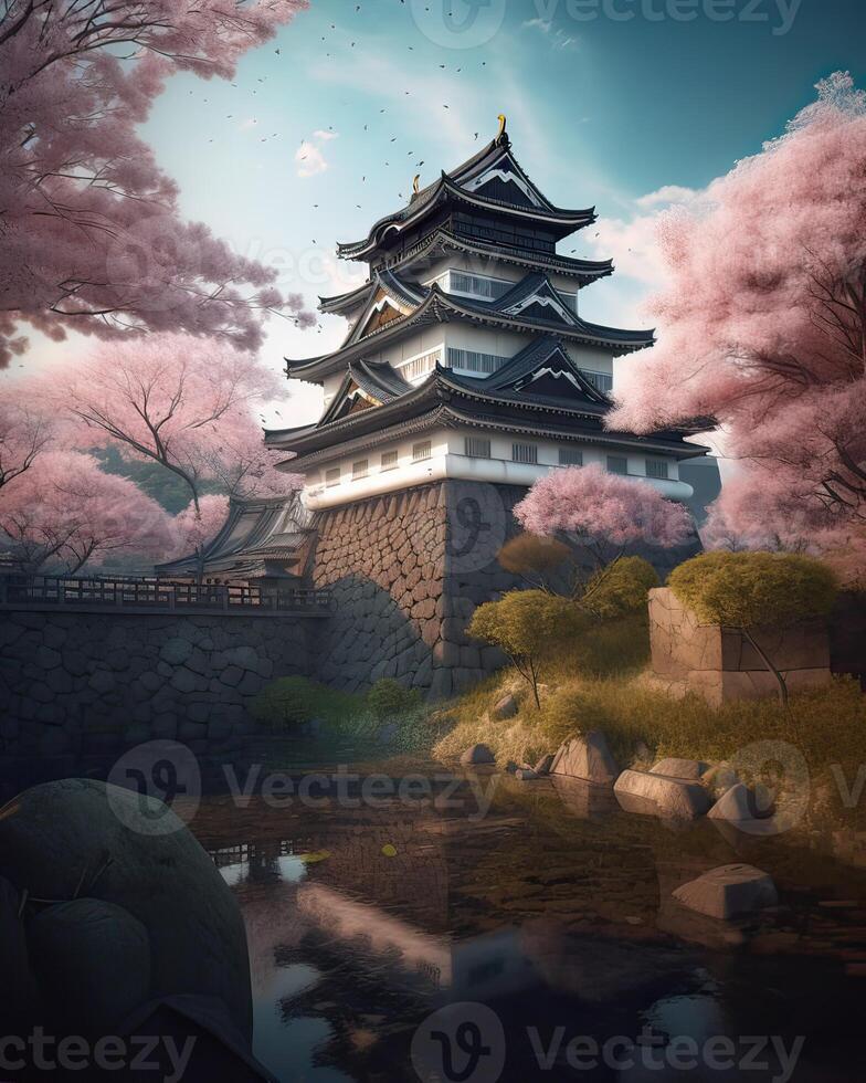 Japanese castle and Beautiful pink cherry blossom. . photo