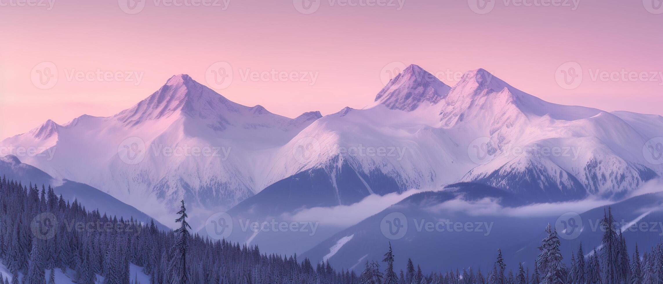 Aerial View from Airplane of Snow Covered Mountain Landscape in Winter. Colorful Pink Sky Art Render. . photo