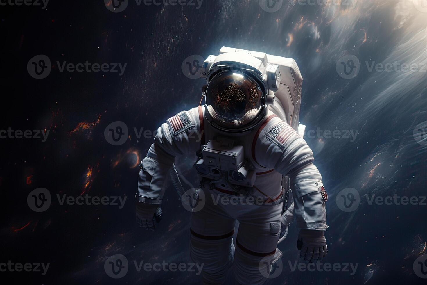 Astronaut on a rock surface with a space background. an astronaut standing on the lone planet with him looking forward. photo