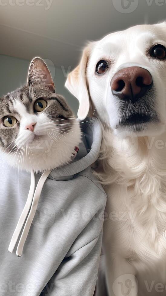 perro con gato tomando un selfie juntos. generativo ai. foto