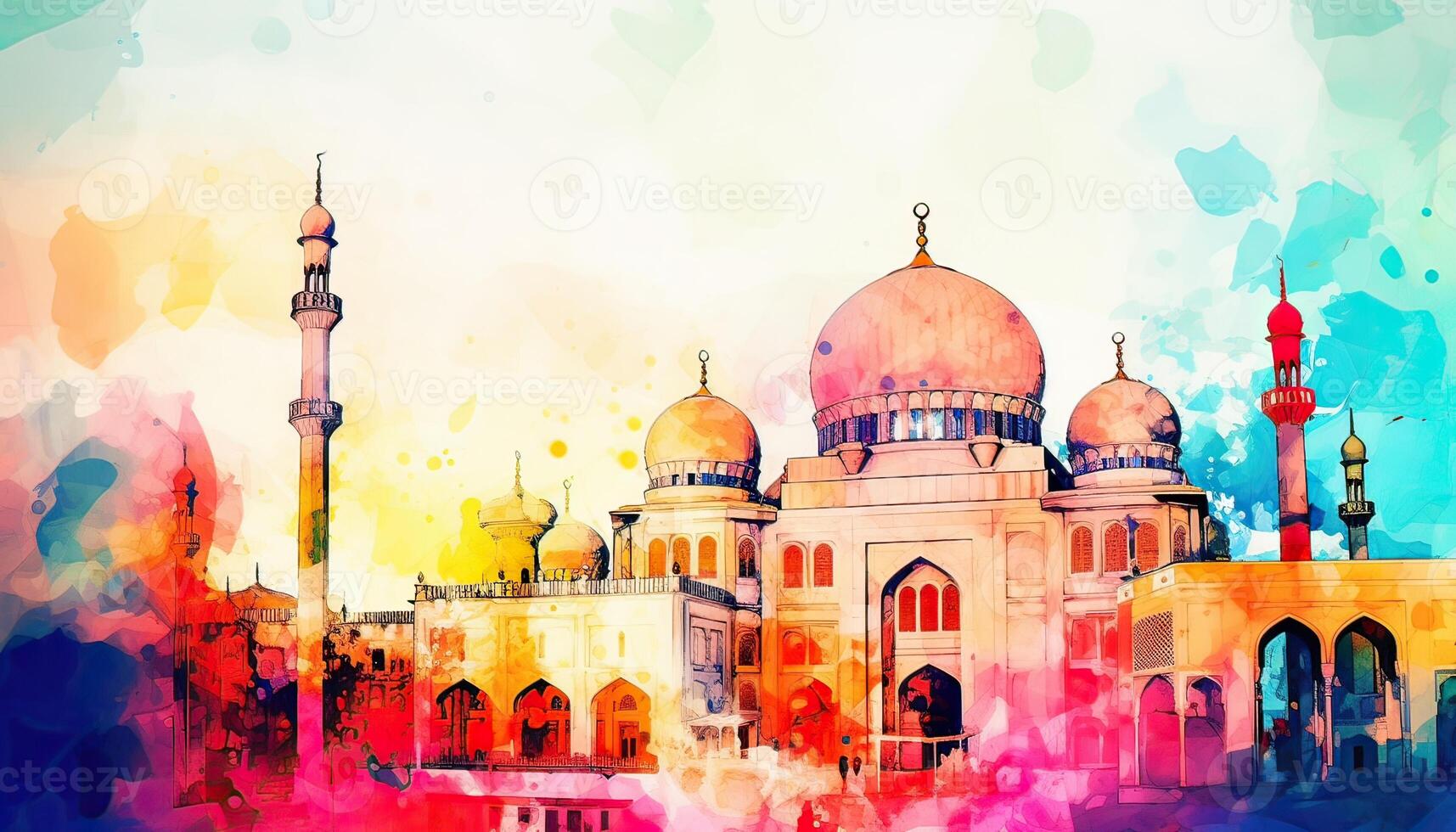 water color painting Arabic Islamic Typography design Mawlid al-Nabawai al-Sharif greeting card with dome and minaret of the Prophet's Mosque. photo