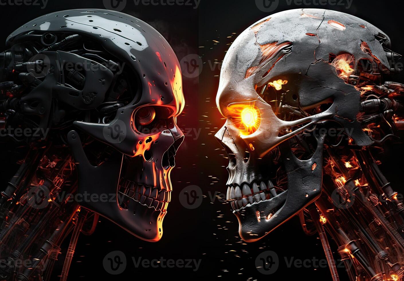 Two skulls terminator look at each other black background. . photo