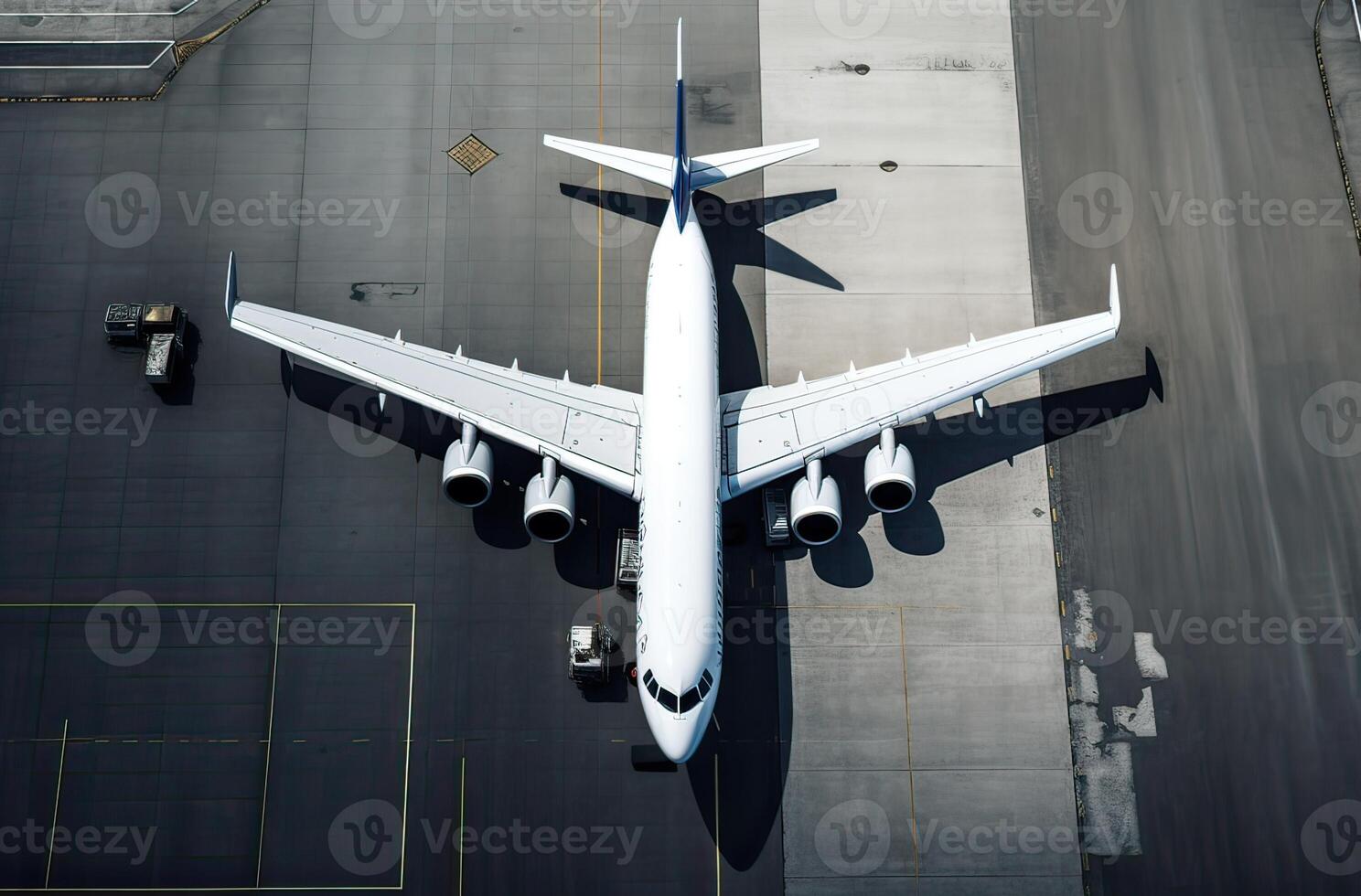 A top aerial view of an airport terminal and runway with parked commercial airplanes being loaded with supplies and passengers. Business and travel. . photo