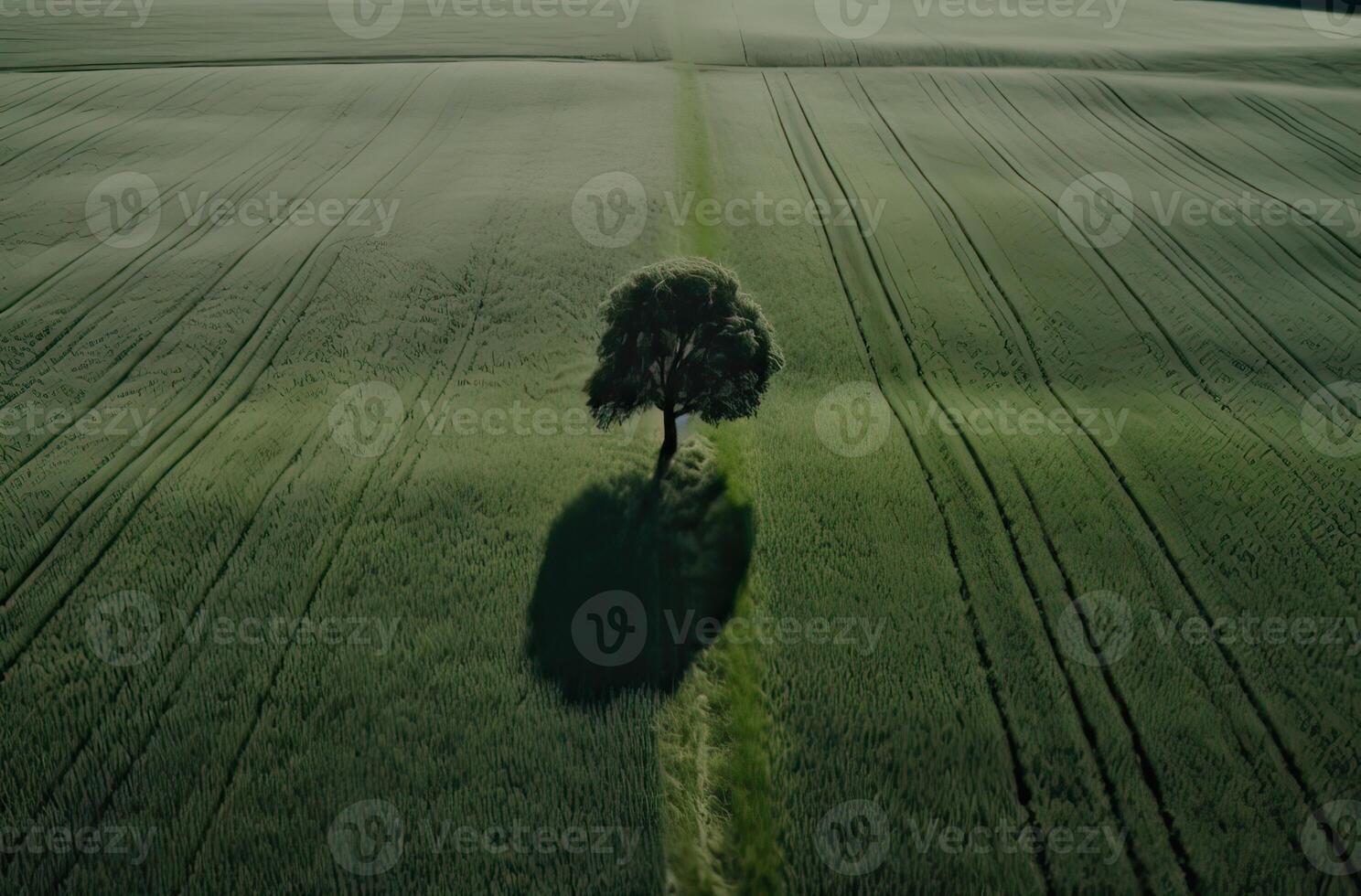 Single plum tree in the middle of a grassy field. alone tree in the middle of a green field. . photo