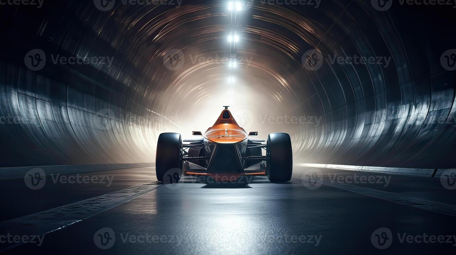 Futuristic Sports Car On Highway. Powerful acceleration of a supercar on a night track with lights and trails. 3d illustration. . photo