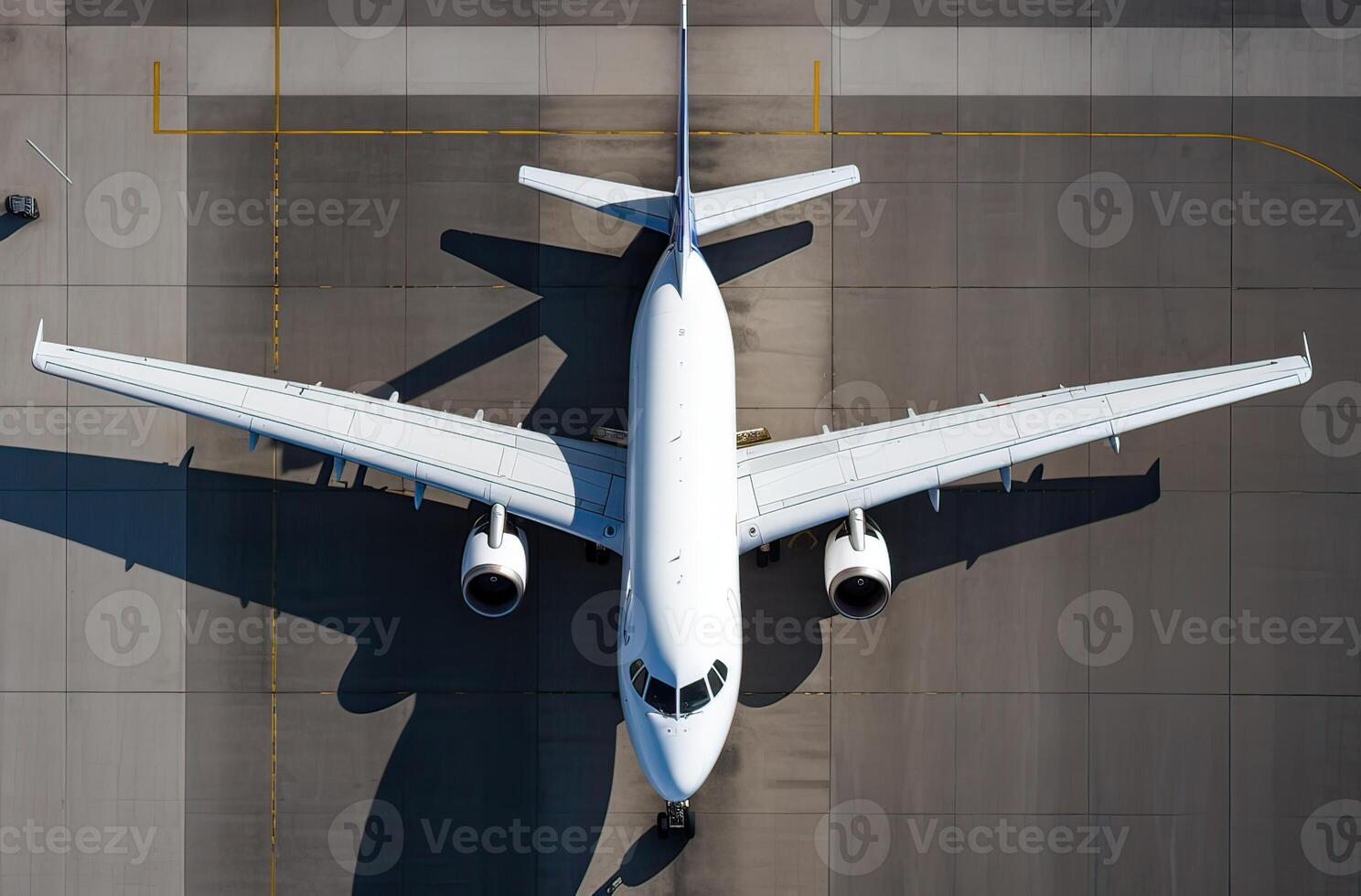 A top aerial view of an airport terminal and runway with parked commercial airplanes being loaded with supplies and passengers. Business and travel. . photo