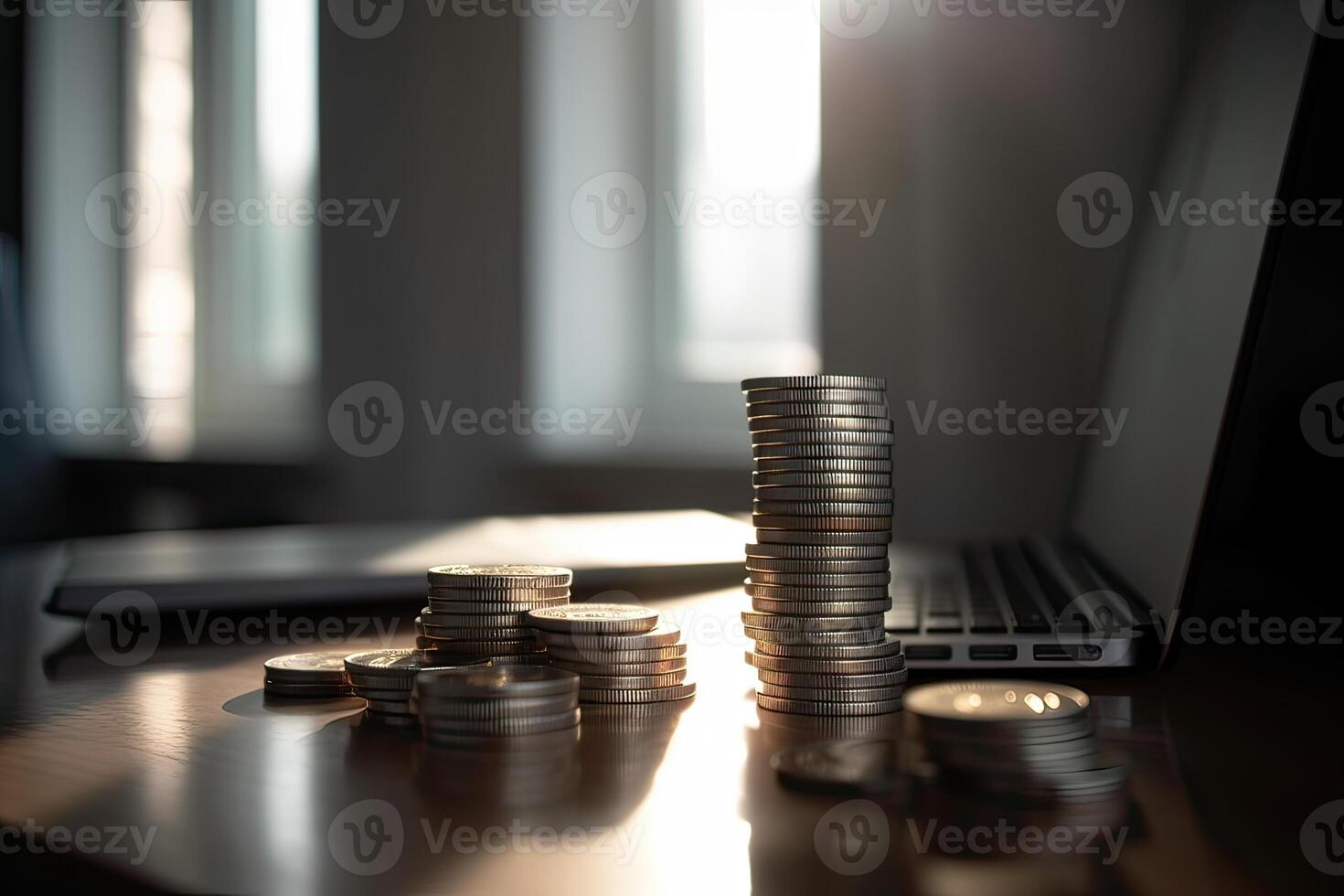 Stack of money coin with laptop computer open trading graph in the background, Business and Financial concept. . photo
