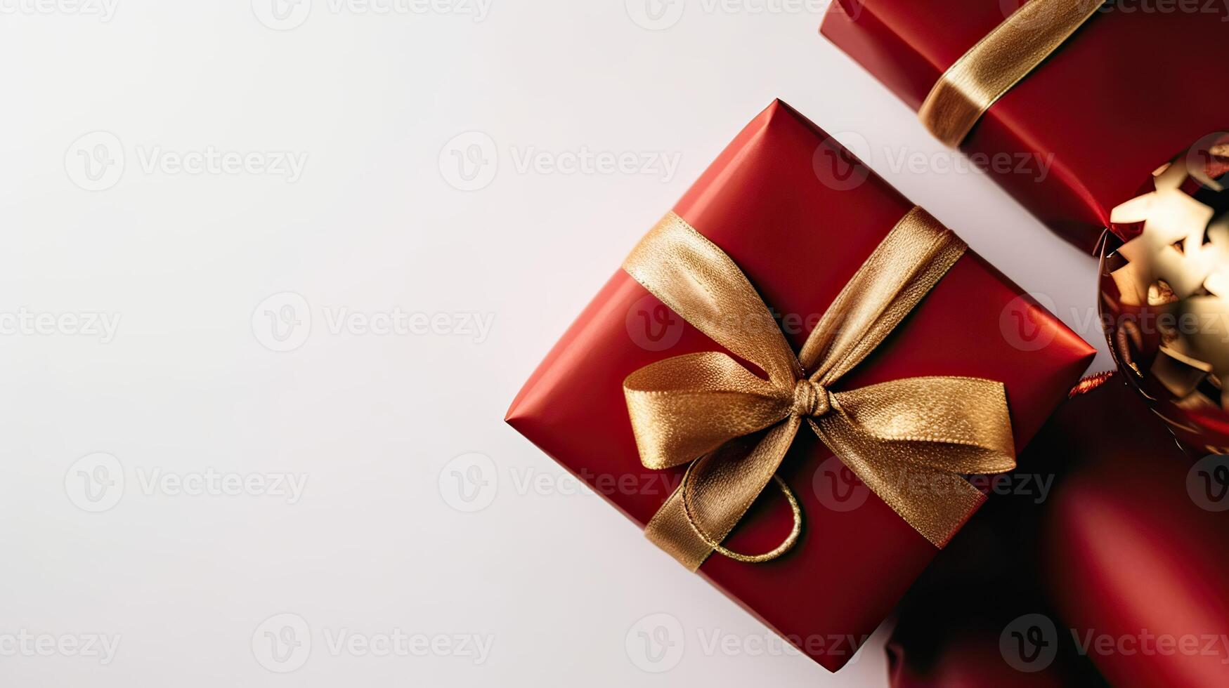Christmas composition. Gifts, red decorations on white background. Christmas, winter, new year concept. Flat lay, top view, copy space. . photo