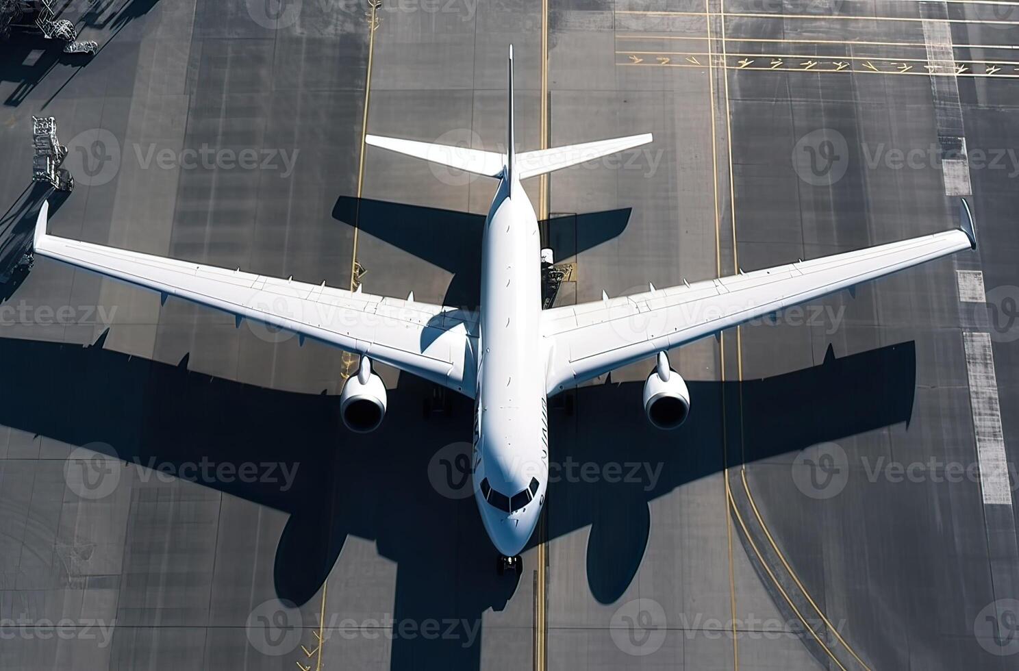 A top aerial view of an airport terminal and runway with parked commercial airplanes being loaded with supplies and passengers. Business and travel. . photo