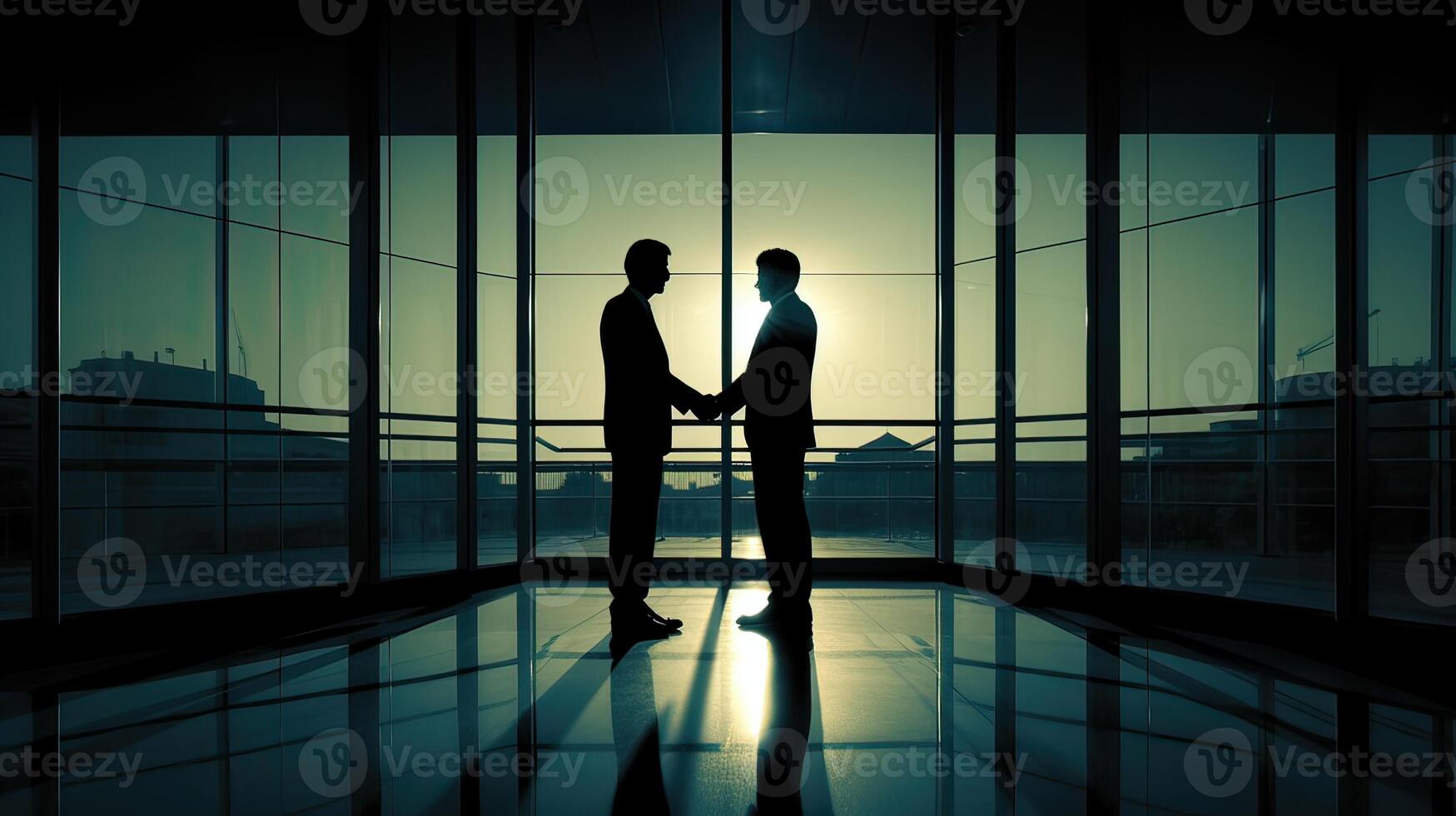 silhouettes two businessmen handshake in cooperation agreement concept at office and successful business partner. business man shaking hands to seal a deal with his partner. . photo