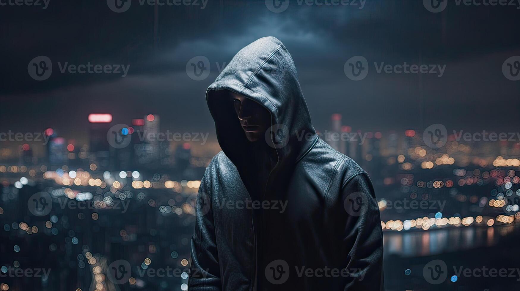 un sin rostro ladrón en irreconocible capucha en pie en el medio de el noche en frente de el ciudad concepto. generativo ai. foto