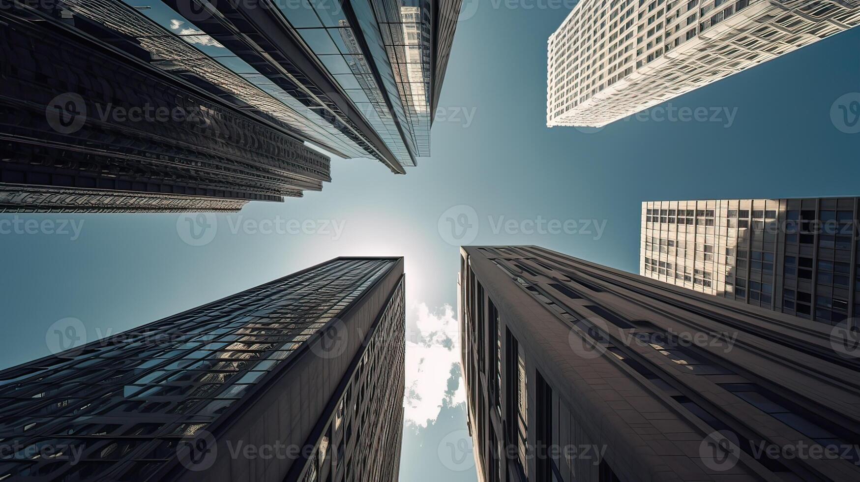 Bottom view of modern skyscrapers in business district. . photo