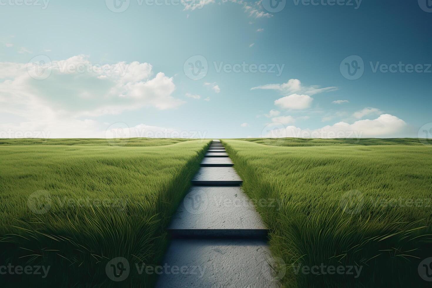 The landscape of grass fields and blue sky road leading off into the distance. . photo