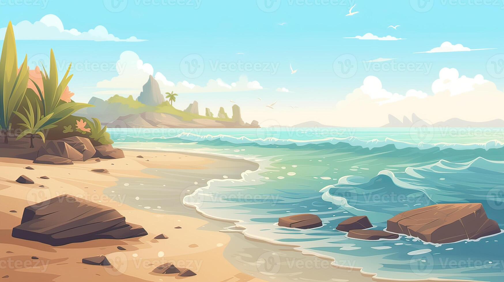 Sky and sun at sea background, ocean and beach island scenery empty cartoon. Ocean or sea water with waves and clouds in sky summer blue seascape with cloudy sky and seaside. photo
