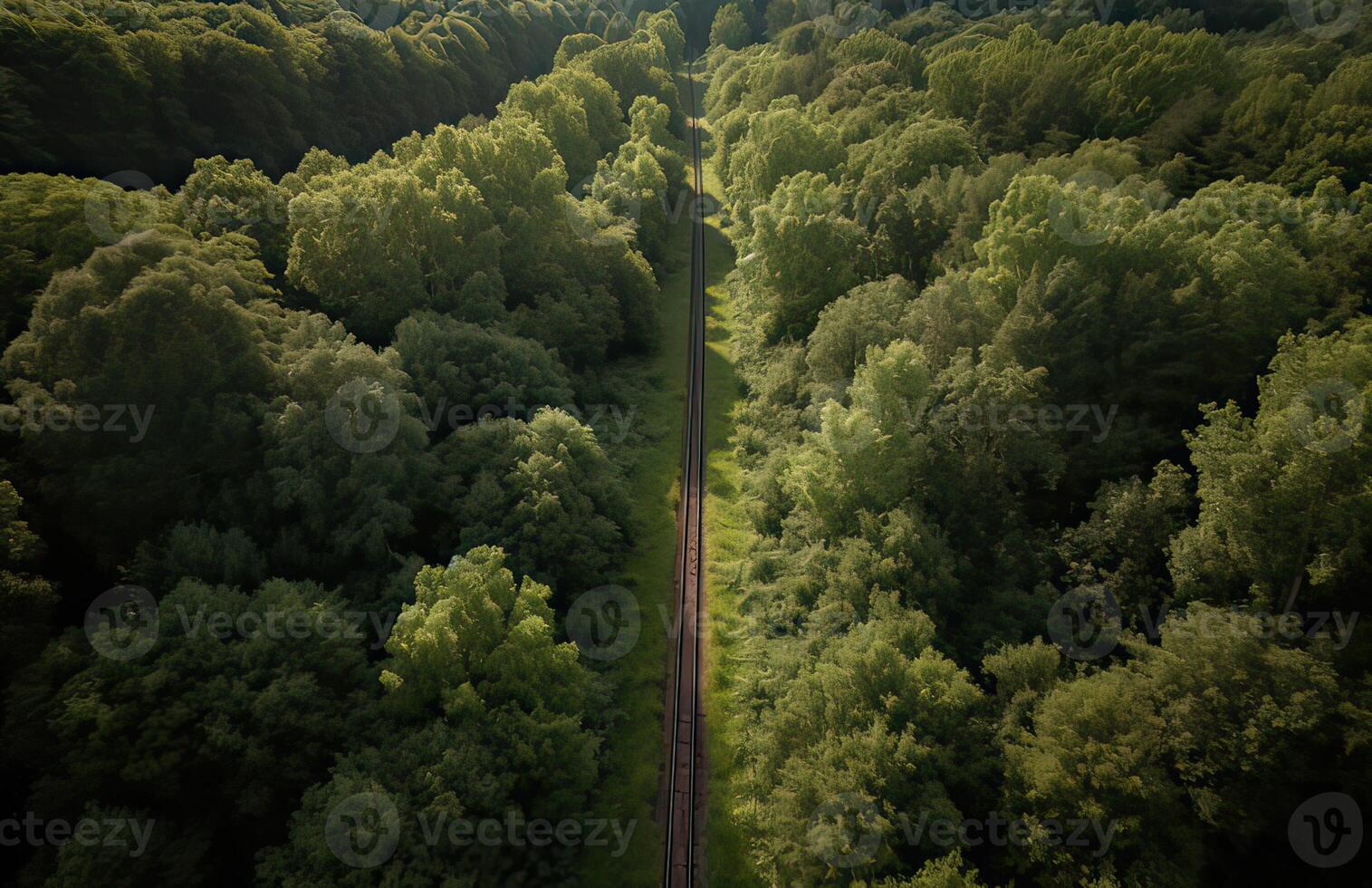 Top view of green forest landscape wallpaper art. Aerial nature scene of pine trees and asphalt road banner design. Countryside path trough coniferous wood form above. . photo