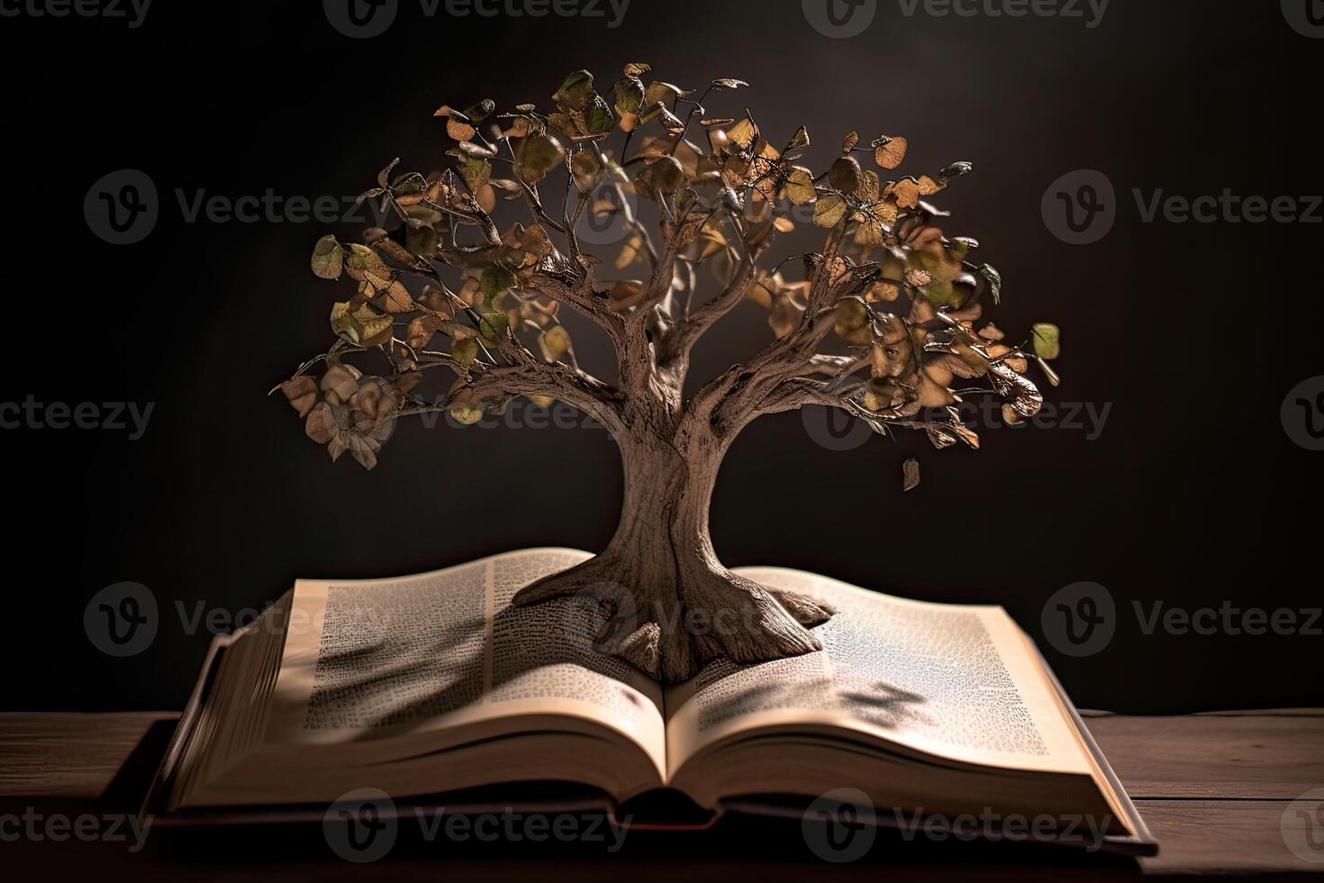 education concept with tree of knowledge planting on opening old big book in library with textbook, stack piles of text archive and aisle of bookshelves in school study class room. . photo