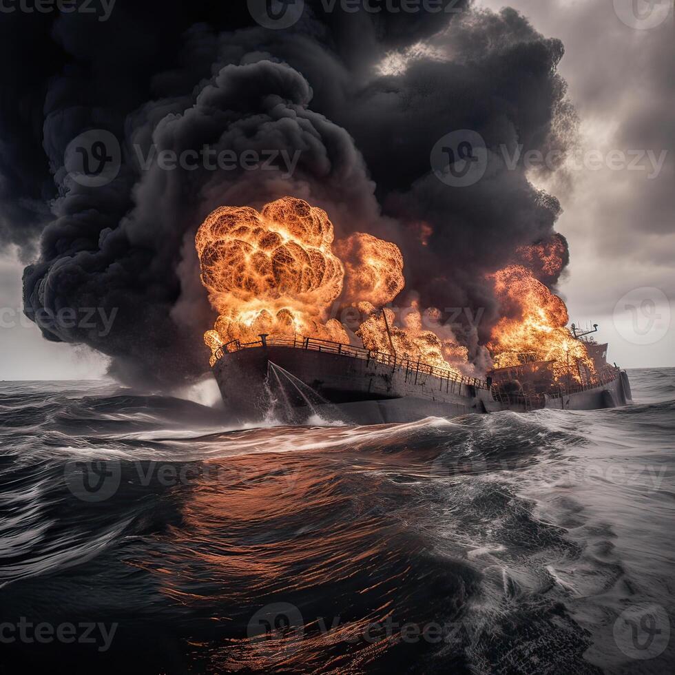 Fire on a cargo ship. A ship carrying liquefied gas is engulfed in flames. Explosion and fire on a gas carrier on the high seas. . photo